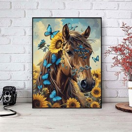 askkqtx Horse Diamond Art Kits for Adults, Horse Sunflower Diamond Painting Kit for Adults, DIY 5D Full Round Drill Diamond Crystal Gem Art Crafts for Home Decor Gift 12x16 Inch