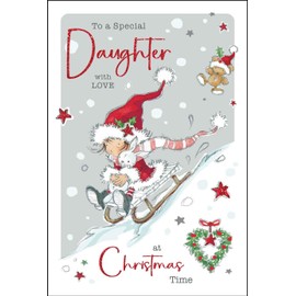Daughter Christmas Card - Special Daughter - Girl Sledging in the Snow - Artistic Festive Design - Special Finishes and Illustrated Insert Leaf - Made in the UK
