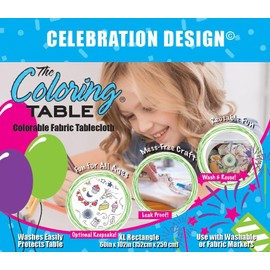 Birthday/Celebration Design – XL Rectangle Tablecloth 60”X102” - Interactive Coloring Tablecloth for Kids – Poly/Cotton Fabric - Washable and Reusable – DIY Activity for Children & Adults