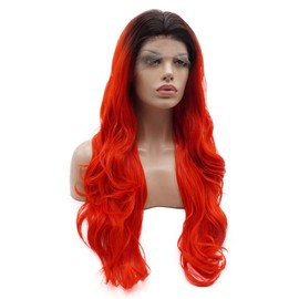 Lushy Hair Synthetic Lace Front Wig Wavy Long 26inch Dark Root Bright Red Ombre Wig Full Density Wig