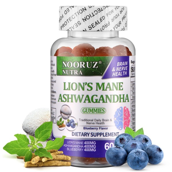 NOORUZ Ashwagandha & Lion's Mane Mushroom& Blueberry Gummies Vegan |