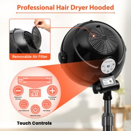 Hooded Hair Dryer, 1500W Standing Hair Dryer with Time Settings, Touch Controls, 3 Temperature Modes, Height Adjustable Ionic Hooded Dryer on Wheels, Sit Under Hair Dryer Bonnet for Home or Salon Use