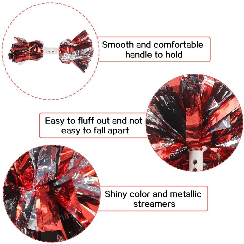 Hooshing 2PCS Red and Black and Silver Pom Poms Cheerleading