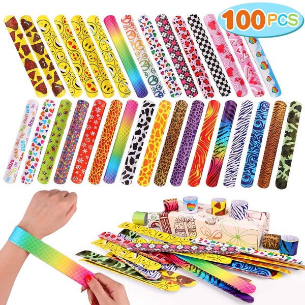 Toyssa 100 PCS Slap Bracelets Party Favors with Colorful Hearts Emoji Animal Print Design Retro Slap Bands for Kids Adults Birthday Classroom Gifts (100PCS)