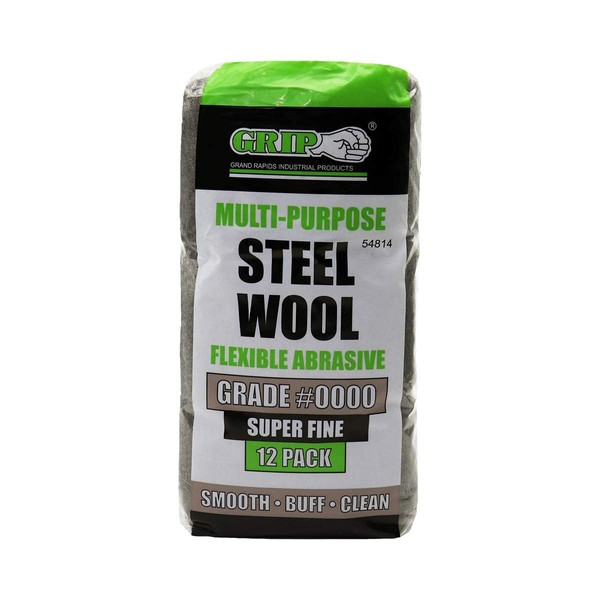 Grip Multi-Purpose Steel Wool Flexible Abrasive 12 Pack (Very Fine #0000) - Smooth Lacquer, Varnish, Shellac, Polyurethane - Buff Furniture or Woodworks to High Luster - Home, Garage, Workshop