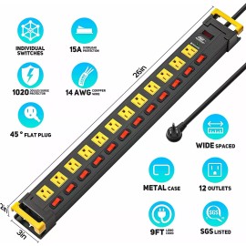 CRST 12Outlets Individual Switch Power Strip Surge Protector W/Cord Manager 9FT Cord