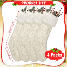 Zubebe 4 Pieces Cable Knitted Christmas Stocking Bulk 15 Inch Farmhouse Knit Christmas Stockings Black and White Christmas Decoartion Knit Stockings with Plush Faux Fur for Family Holiday Fireplace