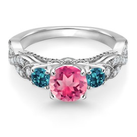 Gem Stone King 925 Sterling Silver Pink Mystic Topaz London Blue Topaz and White Moissanite Engagement Ring For Women (2.03 Cttw, Round 6MM and 3MM) (Size 7)