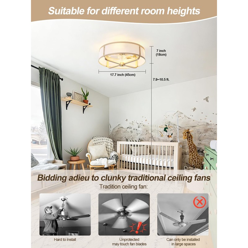Beiduna 18" Gold Flush Mount Ceiling Fan with Light, Caged