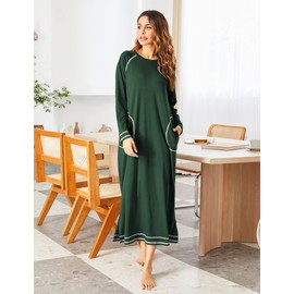 Ekouaer Women's Nightshirt Long Sleeve Nightgown Round Neck Sleepwear Full Length Pajama Dress with Pockets Loungewear S-XXL