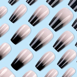 24pcs French Tip Press on Nails Short Square Fake Nails with Gradient Designs Black Acrylic Nail Tips Glue on Nails Reusable French False Nails Kit Full Cover Stick on Nails for Women Nail Decoration