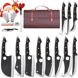 TAN REN 17PCS Butcher Knife Set with Bag, High Carbon Steel BBQ Knife Set for Meat Cutting, Hand Forged Serbian Chef Knives for Man Home & Outdoor Cooking,Father's Day Gift
