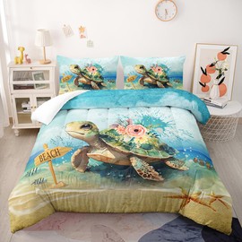 Suncloris Romantic Sea Turtle Comforter Set, Rose Flower Reptile Tortoise Bedspread for Kids and Adults, Navy Blue Ocean Animal Pattern Quilt Bedroom Decor with 2 Pillow Cases (01, Queen)
