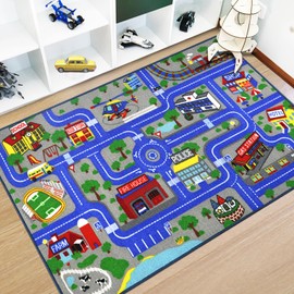 Capslpad Kids Rug Educational Play Rug 5.2'x3.3' Traffic Road Kids Play Car Mat Large Learning Play Game Area Rug Carpet for Playroom Living Room Nursery Room Decor, Blue
