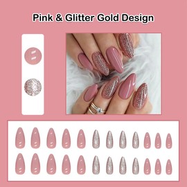 ANDGING Pink Press on Nails Almond Short Medium Glue on Nails for Women Oval Fake Nails with Glitter Gold Designs Artificial Acrylic Stick on Nails Gel Full Cover Manicure False Nails for Wedding