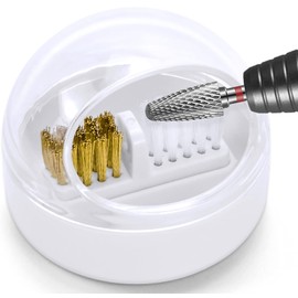 HiANNE Nail Art Cleaner Tool Case with Steel Wire Brush and Nylon Brush for Cleaning Carbide/Ceramic Nail Drill Bits, Anti-splash Design, Removable, Washable, Clear Cover + White Base