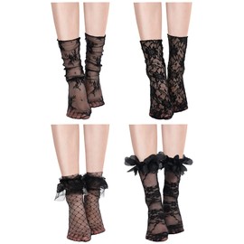 Geyoga 4 Pairs Women's Lace Socks Mesh Lace Loose Socks Decorated Ankle High Sheer Socks Sheer Mesh Slouch Socks for Women (Black,Flower)