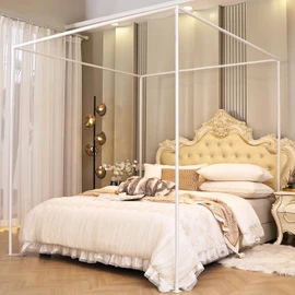 AIKASY Twin Size Canopy Bed Frame with Outer Support, Thickened Metal Poles & Four Corner Brackets, Compatible with Metal/Wood Base (White)