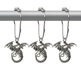 Dragon Shower Curtain Hooks Decorative Rings for Bathroom Cool Kids Bath Decor Rust-Resistant Stainless Steel Curtain Rings Pack of 12 (Silver)