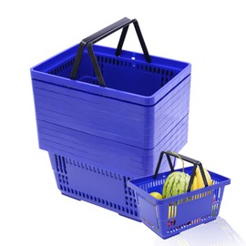 JAYGOVAN 12 PCS Shopping Baskets 18L Plastic Shopping Baskets 17×12×9 Inches Store Baskets Retail Baskets with Handles,Small Metal Shopping Baskets Set for Retail Stores, Supermarkets (Blue)