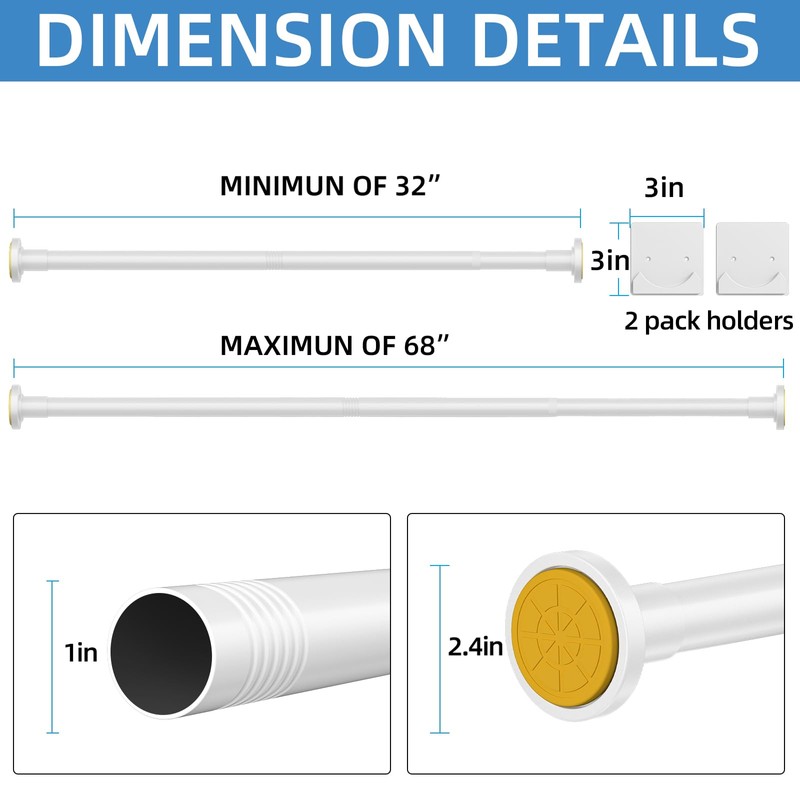 CorkLatta White Shower Curtain Rod,1 Inch Diameter Stainless Steel Adjustable