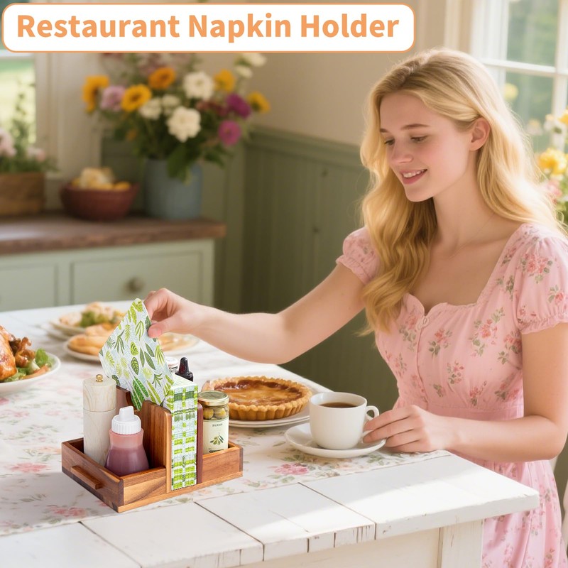Napkin Holder for Table, Wooden Napkin Holder with Salt and