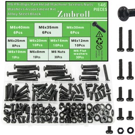 Zmbroll M6 Pan Head Machine Screws 146Pcs Black Metric Fully Threaded Carbon Steel Fastener M6x8/10/12/16/20/25/30/35/40mm Electricians Screw Bolt Nut Washers Hardware Assortment kit