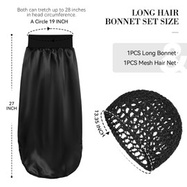Long Hair Bonnet-Hair Wrap Net for Silk Press Set Braid Bonnet for Sleeping Extra Long Wrap Cap 2 Piece Set Anti Frizz Reusable Elastic Shower Cap for Braids, Curly (black net, black bonnet)