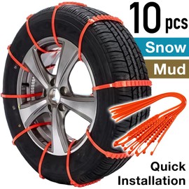 Reusable Anti Snow Chains 10 PCS, Japard Portable Tire Rocking for Pickup Trucks & SUV - Emergency Non-Slip Mud Cable Tie for Winter, Orange