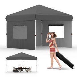 Garvee 10x10 Pop Up Canopy Tent Outdoor Canopy One-Person Set Up Heavy Duty Commercial Instant Tent Shelter, 3-Sidewall+Gray