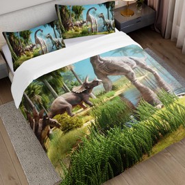 AILONEN Kids 3D Dinosaur Duvet Cover Set Full Size,Tropical Dinosaur Bedding Set for Boys Men,Ancient Animal Dinosaur Design Cartoon Comforter Cover with 2 Pillowcases,3Pcs Dinosaur Duvet Cover