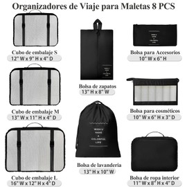 Bolsas Organizadoras de Viaje 8pcs, Organizadores de Maletas de Viaje, Organizador de Equipaje Impermeable en Varios Tamaños, Kit de Organizador Viaje Multiusos para Ropa Zapatos Cosméticos(Negro)
