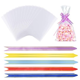 Pack of 50 Cellophane Bags, Food Cookie Bags, Clear Cellophane Bags with 50 Pieces Mixed Colours for Pull Bows for Gifts, Packaging, Candy Wrapping (6 x 10 inches)