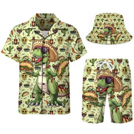 Nosirhoc Men's 2 Piece Dinosaur Taco Tracksuit funny hawaiian shirts for men Button Down Shirt Shorts rave Outfits With Bucket Hats 13-XL