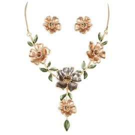 Fenni Lovely Crystal Cherry Blossom Flower Choker Collar Bib Statement Necklace Earrings Sets Costume Jewelry (Coffee)