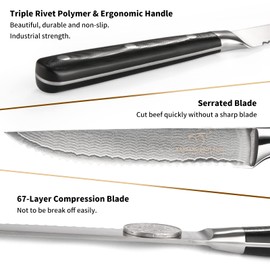 Damascus Serrated Steak Knife Set of 6 with Case, 5 Inch Serrated Steak Knife, 67 Layers Steel Blades Hand-sharpened to 15°, Non-slip G10 Ergonomic Triple Rivet Handle for Gift, Natural Wooden Box