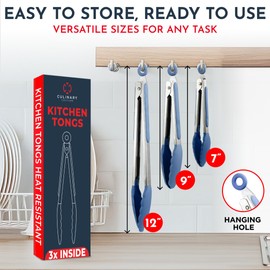 Kitchen Tongs for Cooking with Silicone Tips, Heat Resistant Tongs for Serving Food, 7-Inch, 9-Inch, 12-Inch Locking Silicone Tong, Set of 3 Salad Tong, Blue Kitchen Utensils