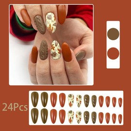 Medium Almond Press on Nails Brown Color Acrylic Fake Nails Maple Leaf Branches False Nails Design Thanksgiving Artificial Nails Reusable Full Cover Glue on Nails for Women Girls 24PCS