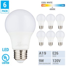 KOR (Pack of 6) 9W LED A19 Light Bulb – (60W Equivalent), UL Listed, 4000K (Cool White) 750 Lumens, Non-Dimmable, LED 9-Watt Standard Replacement Bulbs, with E26 Base, 15000 Hours, Long Life