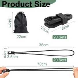 LALAGO Pack of 20 Elastic Straps with Hooks + Tarpaulin Clips, Expander with Hooks 35 cm, Tarp Tensioner with Tarp Clips, Black for Tent Rubber, Tarpaulins, Nets, Banners, Camping, Trailer Tarpaulin