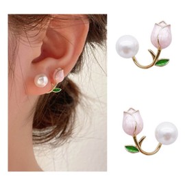 Inateannal Pink Flower Front and Back Earrings Pretty Tulip Pearl Stud Earrings Ear Cuff Jacket Front Back Earring for Women Girls, Pearl