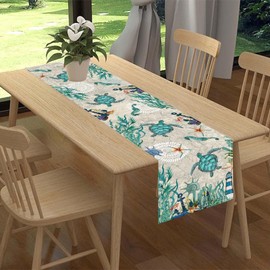 Sea Turtle Table Runner, Summer Coastal Starfish Seahorse Seashells Coastal Nautical Tropical Ocean Rustic Farmhouse Table Center Decor for Home Kitchen Dining Patio Indoor Outdoor, 13"x108" Inch