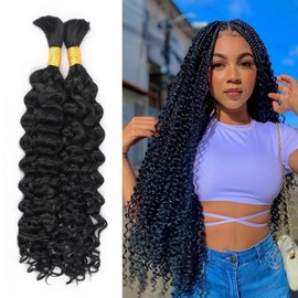 Water Wave Bulk Human Braiding Hair for Boho Braids, 2 Bundles, Water Wave Hair Extensions for Women, Hair Extensions, Real Hair (1B, 26 Inches)
