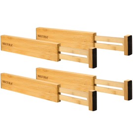 Secura Bamboo Drawer Dividers Organizer 4-Pack, Adjustable Drawer Separators Expandable from 12.0-17.1 inches for Kitchen, Office, Bathroom, Closet, Dresser