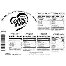 Nestle Coffee mate Liquid Creamer Singles Variety Pack, Original, French Vanilla, Hazelnut, Irish Crème, Italian Sweet Crème, Vanilla Caramel, 6 flavors x 30 ct, 180/Box