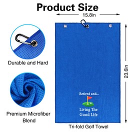 WUUCKOO Retired and Living The Good Life Embroidered Blue Golf Towel, Funny Golf Towel for Golf Bag with Clip, Retirement Gifts for Golf Lover Golfer Golf Fan, Golf Accessories for Men Women