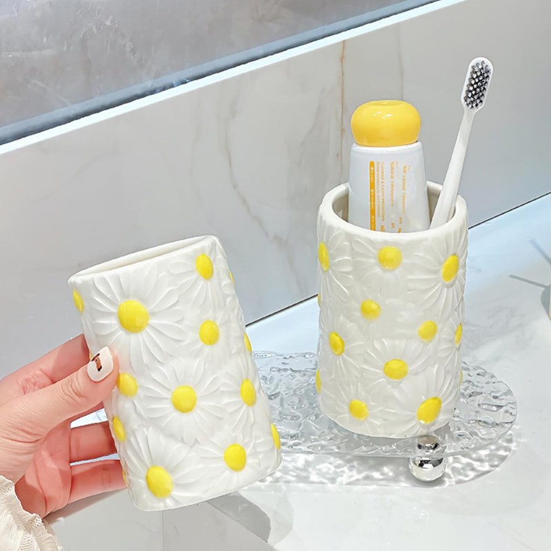 Gaolinci 2 Pcs Ceramic Mouthwash Cup, Daisy Embossed Toothbrush Holder,