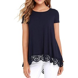 QIXING Top Lace Women's Round Neck Tunic Women's Elegant Casual Blouse Women's Long Sleeve / Short Sleeve, B03 Short Sleeve Navy