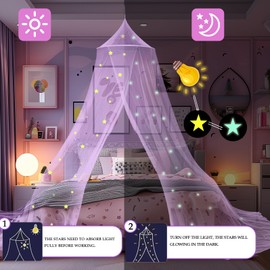 Daksha Purple Princess Bed Canopy for Girls with Glowing Stars, Ceiling Tent for Kids, Fits Twin, Full, and Queen Size Beds, Suitable for Indoor Room Decor and Outdoor Use