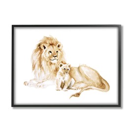 Stupell Industries Lion and Cub Watercolor Painting Nursery Safari Animal Black Framed Wall Art, 14 x 11, Yellow